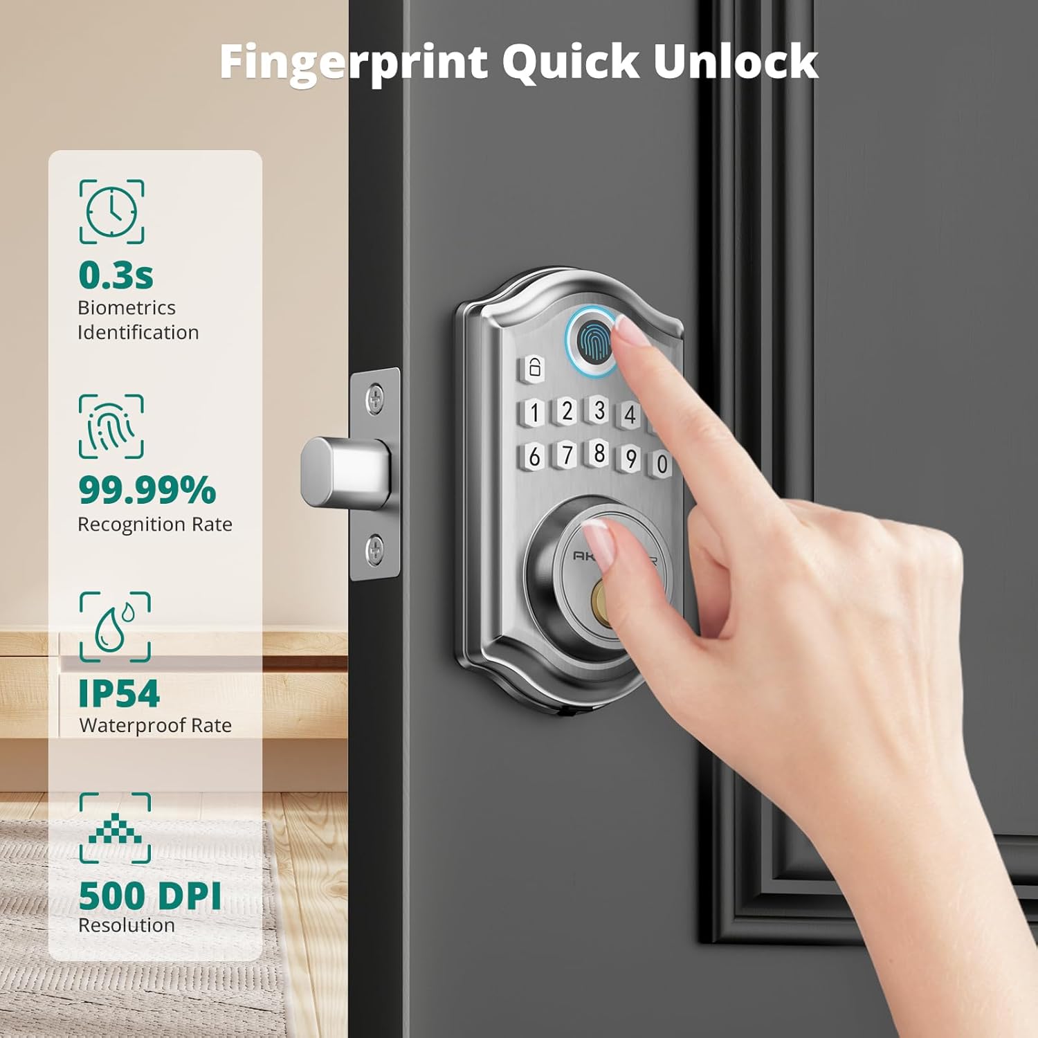 DS10 Keyless Entry Door Lock - Fingerprint Door Lock with 2 Keys, Electronic Keypad Deadbolt, Smart Door Lock, Keypad Lock for Front Door, Auto-Lock & One Touch Locking - Satin Nickel - Image 2