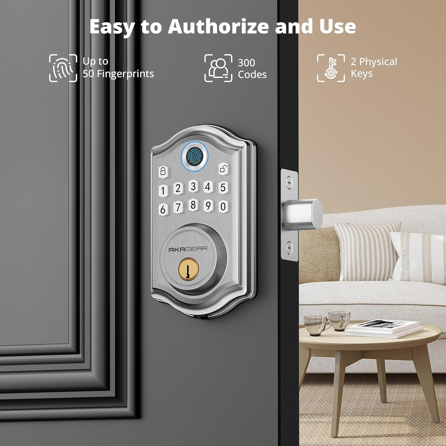 DS10 Keyless Entry Door Lock - Fingerprint Door Lock with 2 Keys, Electronic Keypad Deadbolt, Smart Door Lock, Keypad Lock for Front Door, Auto-Lock & One Touch Locking - Satin Nickel - Image 4